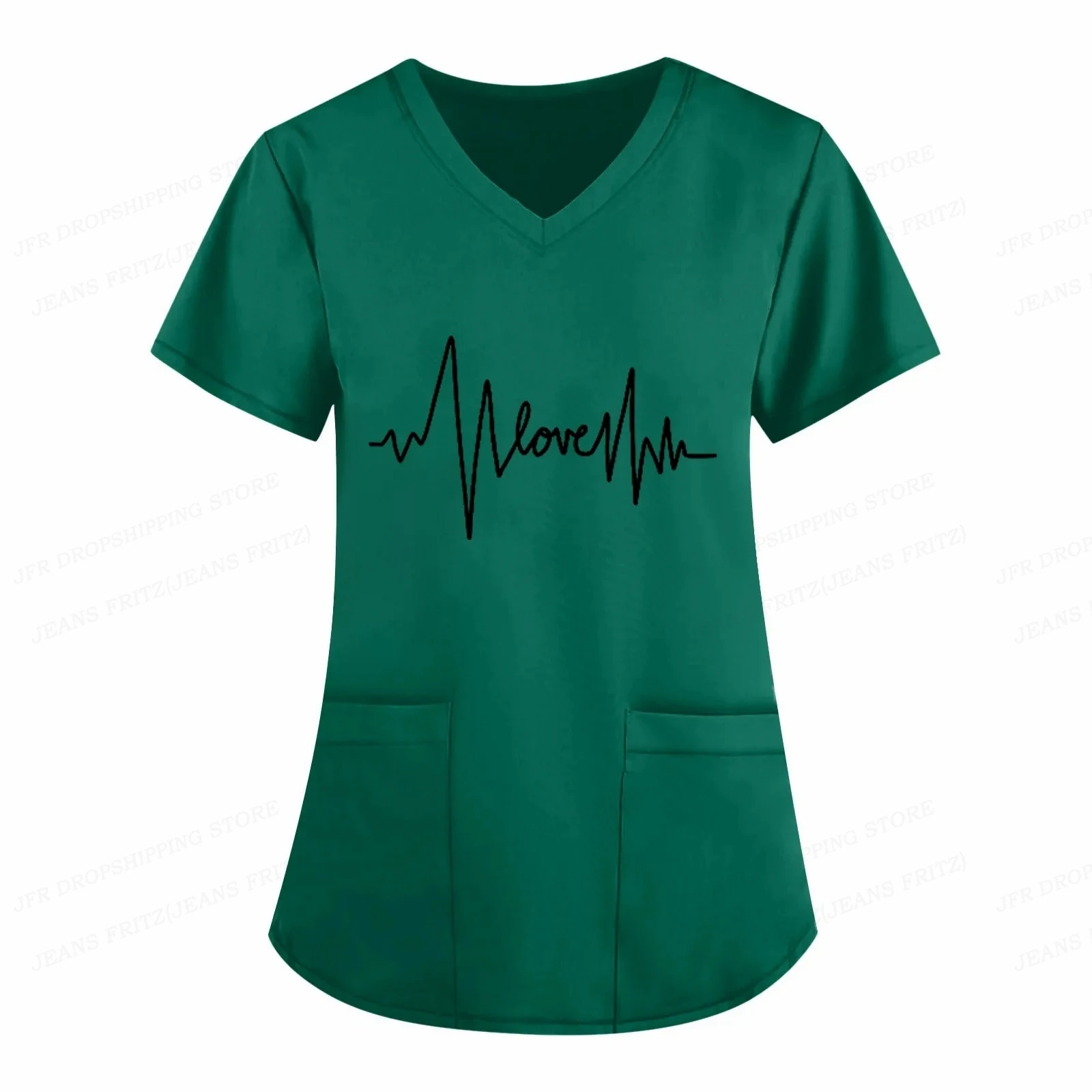 Letter Love Heart Nurse Uniform Print Tops V-Neck Pocket Medical Uniforms Nursing Scrubs Tops Working Clothes uniforme enfermera