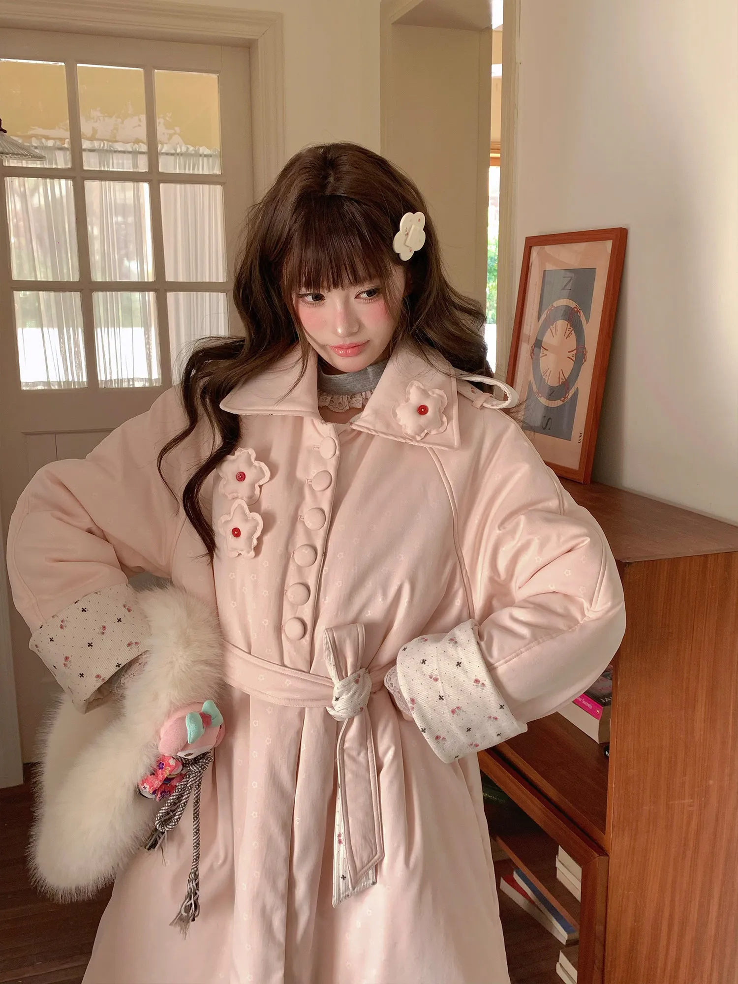 Winter New Sweet Floral Pink Cotton Coat Female Sweet Lolita Long Quilted Coat Women Trench Coat with Waist Belt