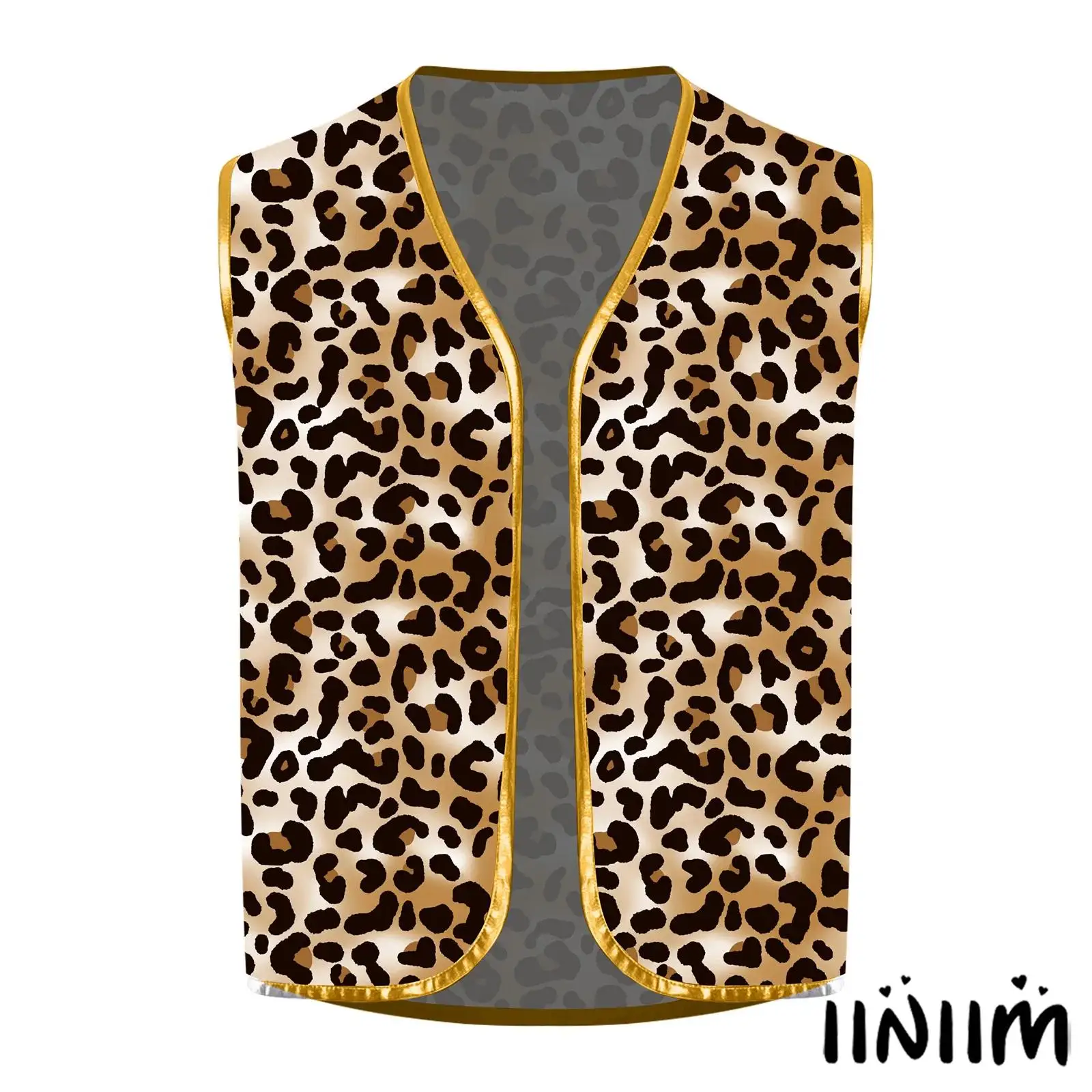 

Men Stylish Leopard Print Vest Cosplay Theme Party Costume Sleeveless Metallic Trim Open Front Waistcoat for Party Events Wear