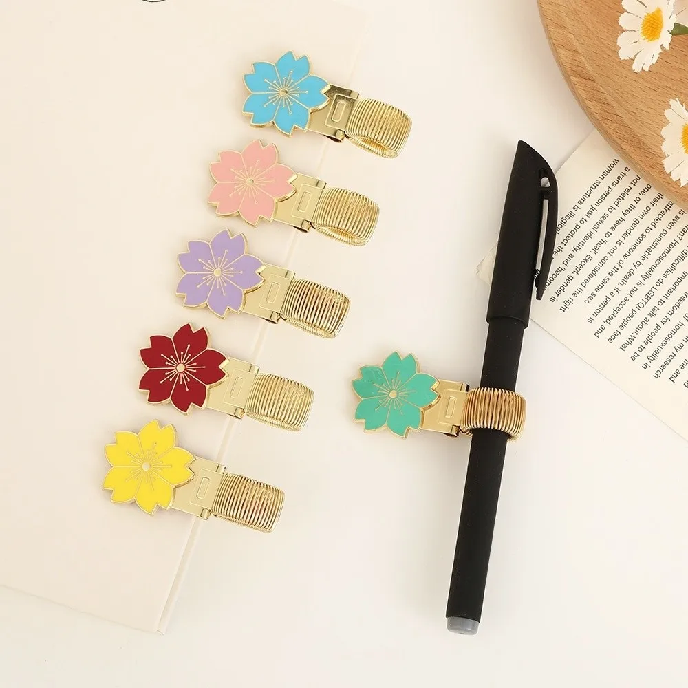 Cute Metal Flower Pen Holder Anti-lost Bookmark Spring Pen Clips with Enamel Coating Useful Pencil Holder Stationery Supplies