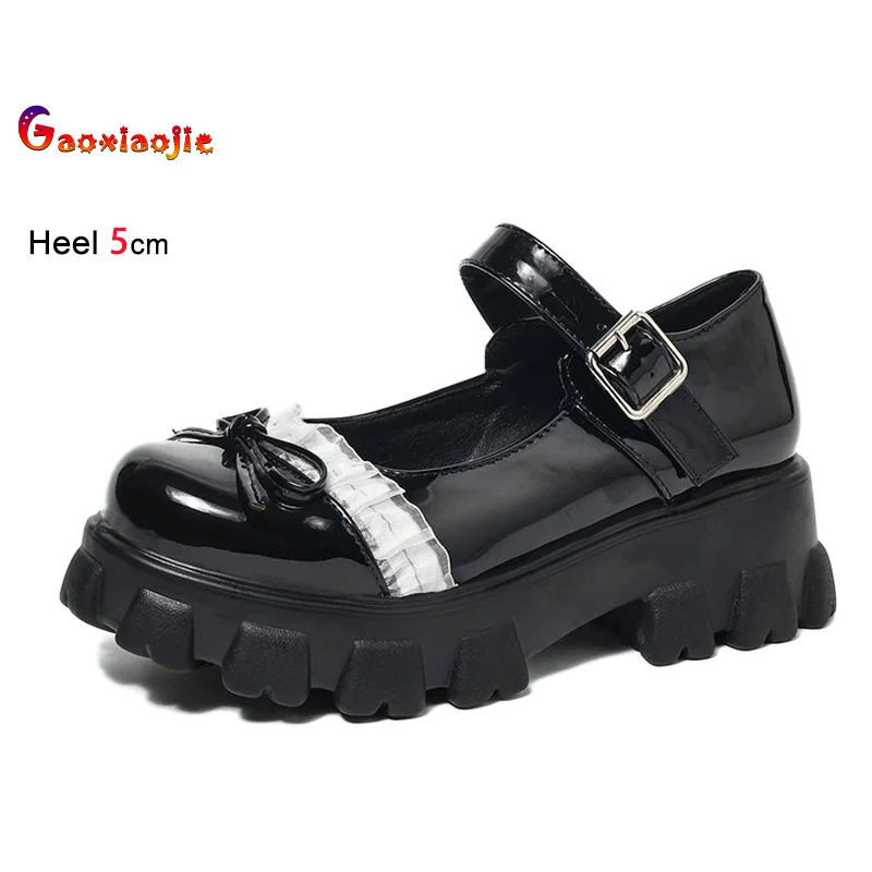 

Womens Lolita Cosplay Lace & Bow Single Shoes Thick Platform 5CM Black Buckle Strap Mary Jane Shoes Summer Spring Woman Pumps CD