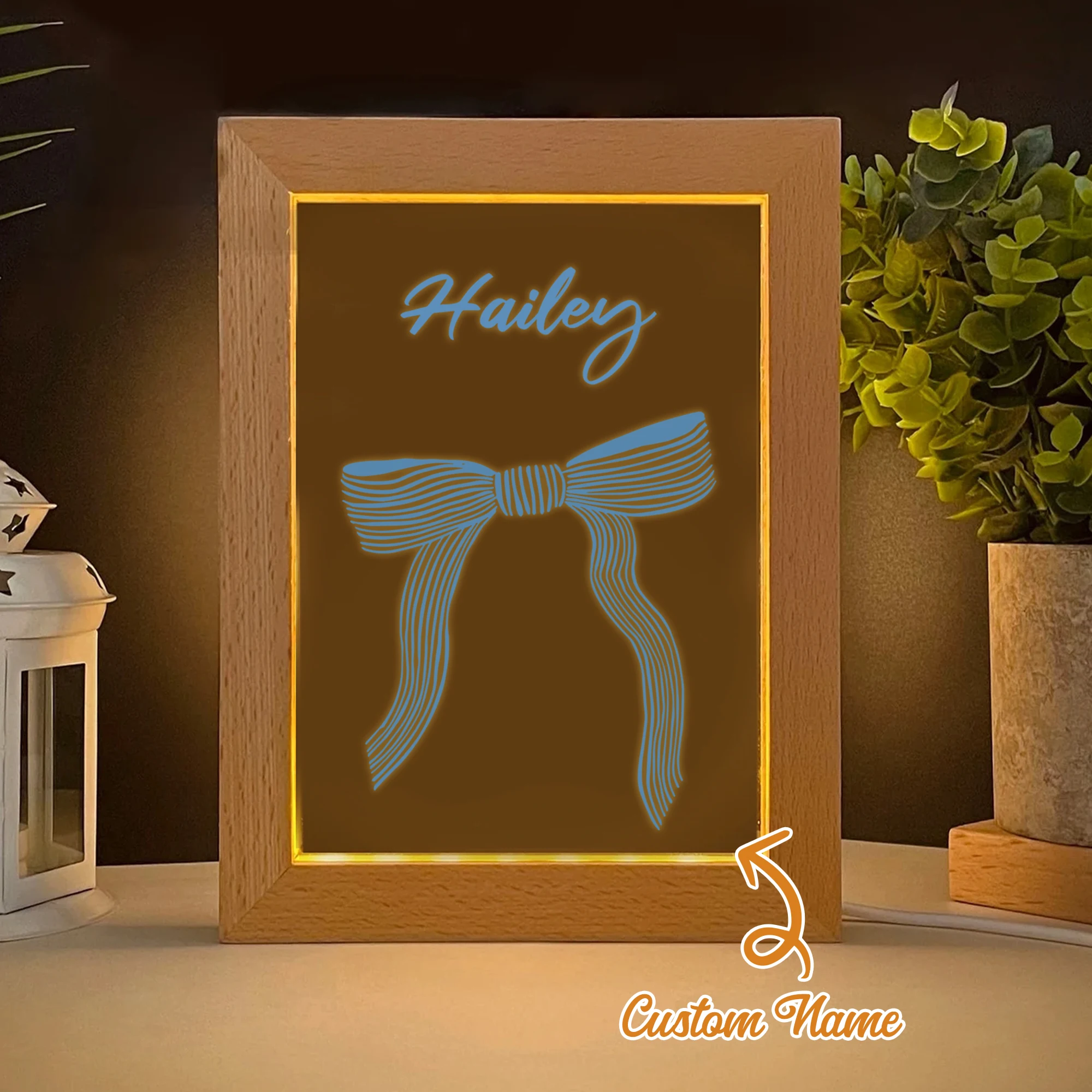 

2D Flat Custom Name Colorful Bow LED Acrylic Night Light Wood Photo Frame 21x17cm Cartoon Children's Bedroom Gifts Home Decor