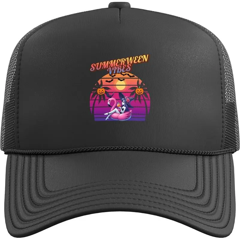 Summerween Vibes Witch Flamingo Float, Witch Summerween Vibe Trucker Hat with Adjustable Mesh Back