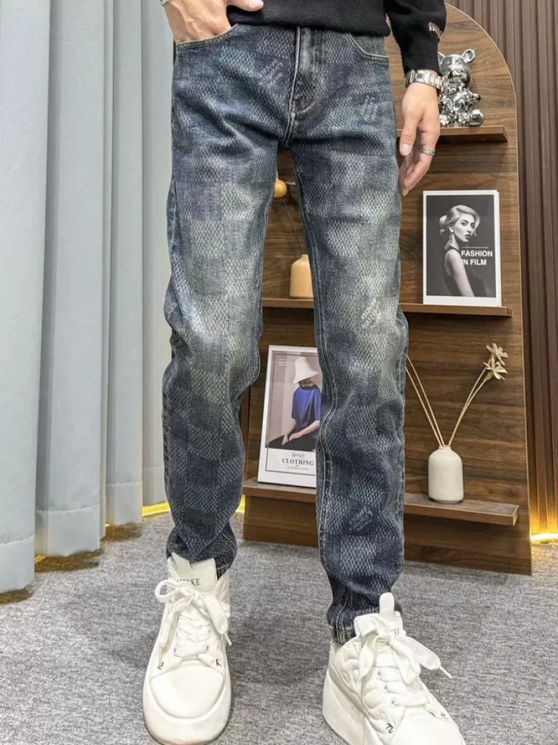 

Blue Slim Fit Men's Jeans Casual Straight Leg Retro Checkerboard Pattern Elastic Denim Pants Comfortable Breathable Wear Resi...