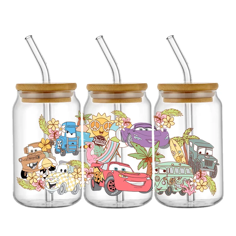 Disney การ์ตูนรถยนต์รูปแบบ UV DTF Transfer สติกเกอร์กันน้ําโอนสําหรับ 16oz ถ้วยแก้วห่อสติกเกอร์