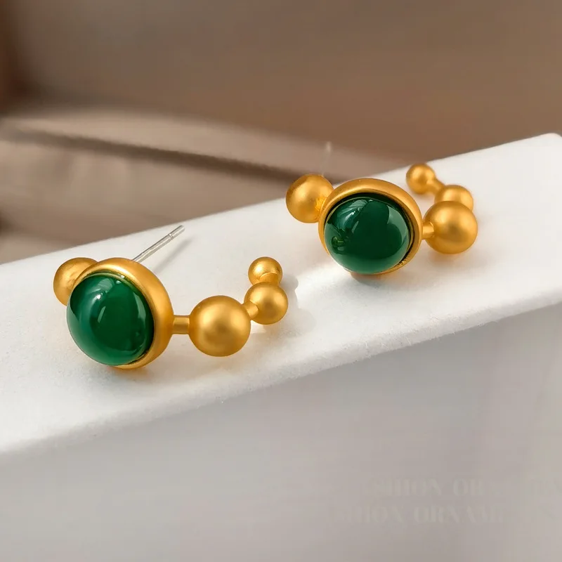 Fashion Jewelry Elegant Temperament Gold Color Green Stone Hoop Earrings For Women Female Gifts Ear Accessories Hot Sale