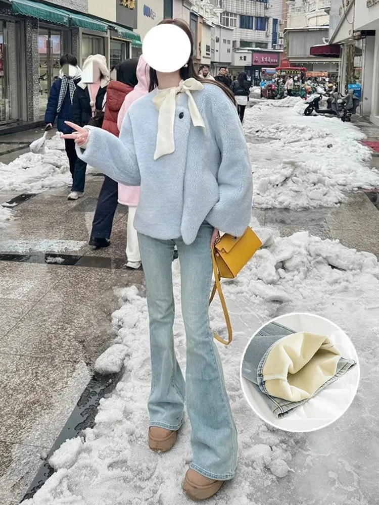 

Джинсы с высокой талией, облегающие, на флисовой подкладке, расклешенные, женские, зимние, новый стиль, эластичные, в корейском стиле, брюки-клеш, повседневная одежда