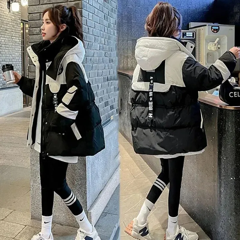 New Black Long Parker Outerwear Women Down Cotton Jacket Winter Warm Padded Jacket Female Loose Detachable Hooded Cotton Clothes