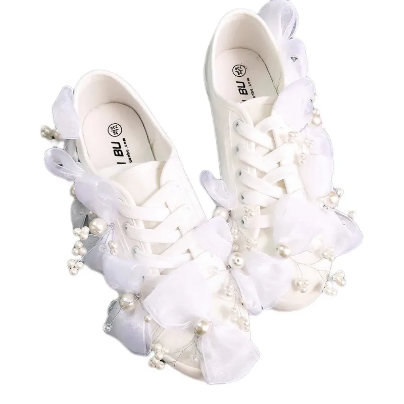 Fairy Ladies White Pearls Luxury Sneakers Women's Sweet Ruffles Bow Ladies Trainers Students' Casual Sports Running Shoes Woman