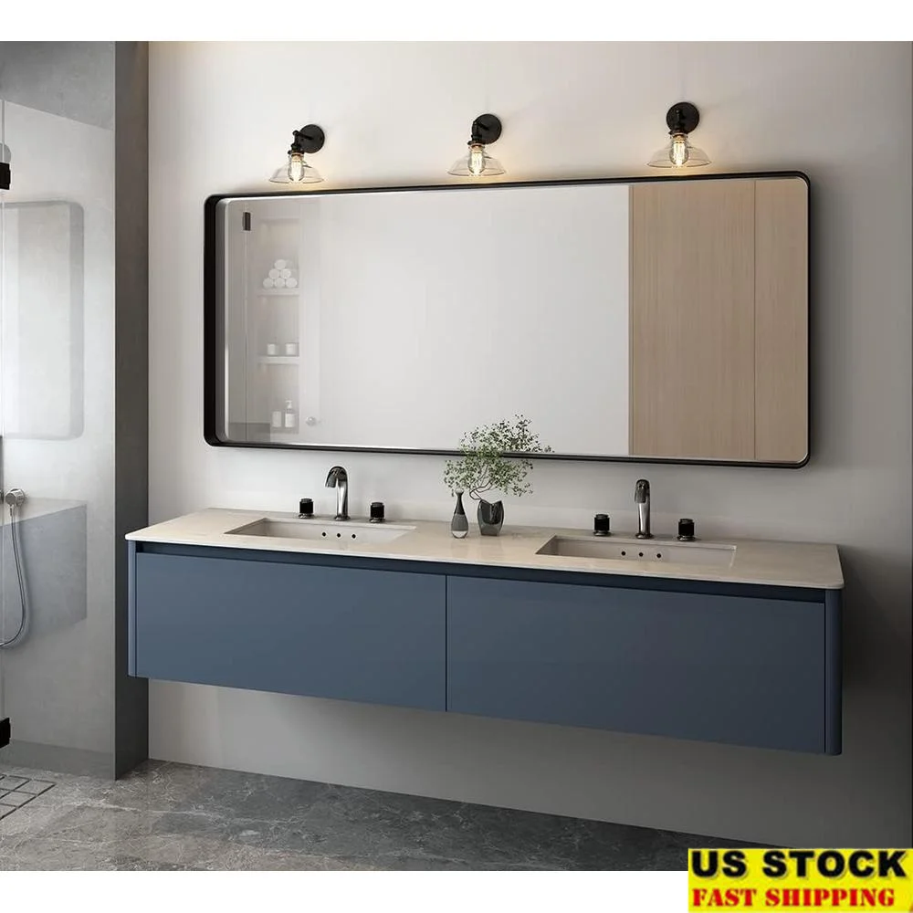 

Modern Large Rectangle Bathroom Mirror HD Vanity Mirror Shatterproof Wall Mounted Rounded Edge Black Metal Frame Home Decor