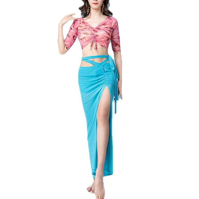 

Костюм для танца живота, тренировочная одежда, костюм для женщин, топ с короткими рукавами для танца живота, юбка, восточный комплект одежды