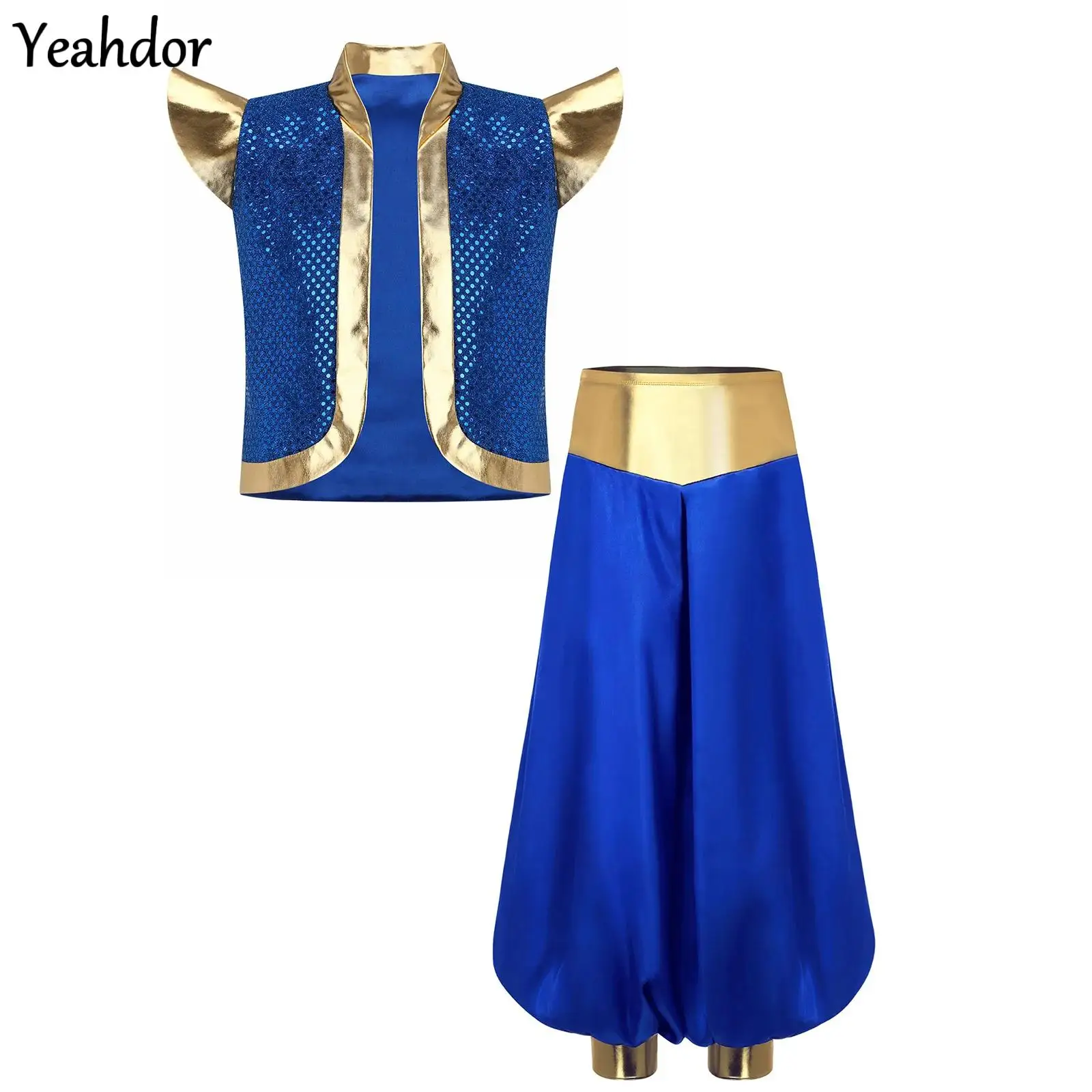 

Boys Mythical Arabian Prince Vest Sequins Metallic Vest Open Front Waistcoat +Satin Loose Pant Set Halloween Fairy Tale Costume