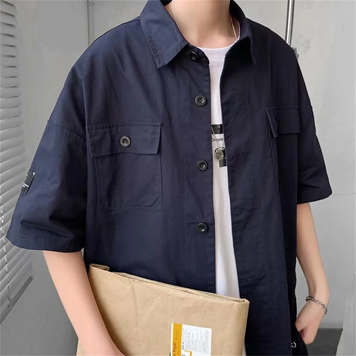 2023 Mens Cotton Military Cargo Shirts Casual Dress Short Sleeve Work Streetwear Blouses