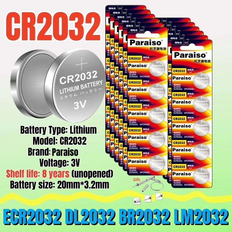 CR2032 Cr2032 Button Cell Battery 3V Lithium Button Cell DL2032 ECR2032 5004LC for Toy Calculator Car Key Watch Remote Control