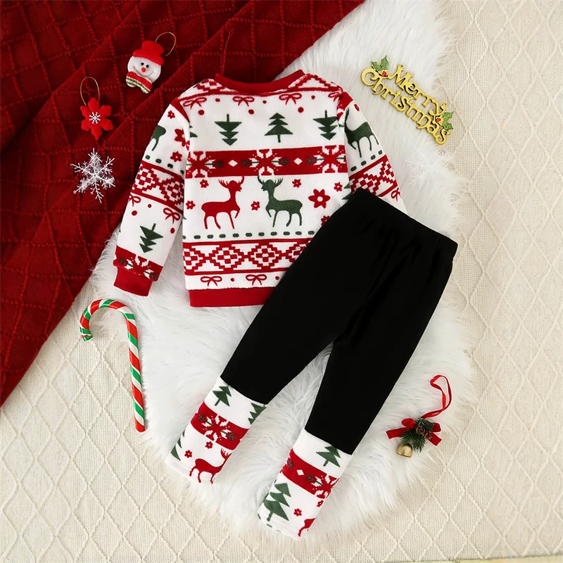 Children Christmas Flannel Sets Girls Fleece Long-Sleeve Suits Kids Top with All-Over Reindeer+Pants 2Pcs Outfits Toddler Clothe