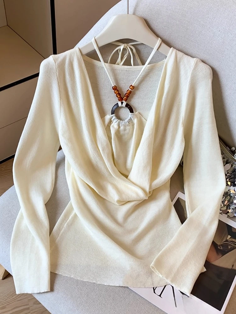 

Модные дизайнерские футболки с лямкой на шее и длинными рукавами, лоскутные топы из двух предметов, осенние футболки 2025 года, женские тонкие универсальные женские одежды