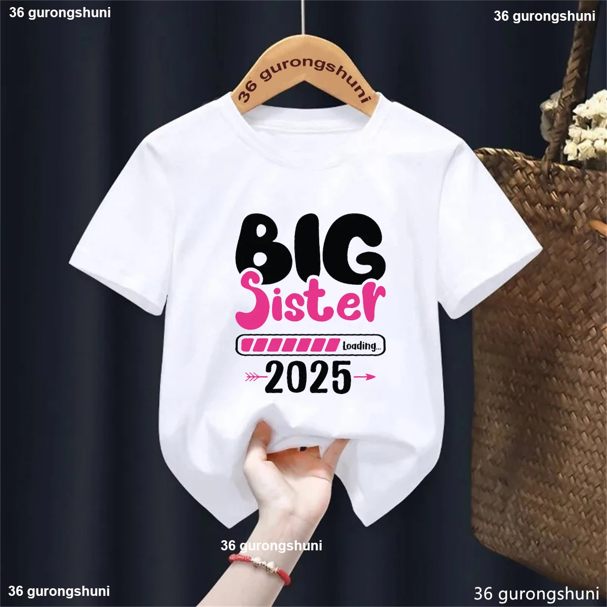 Big Sister Loading 2025 Letter Printed Tshirt Girls Funny Kids Clothes Harajuku Kawaii Children\'S Clothing T-Shirt Tops