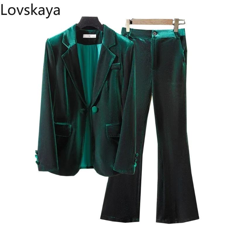 Green Wine Blue Women Pant Suit Ladies Long Sleeve Formal Blazer Jacket And Trouser Autumn Winter 2 Piece Set