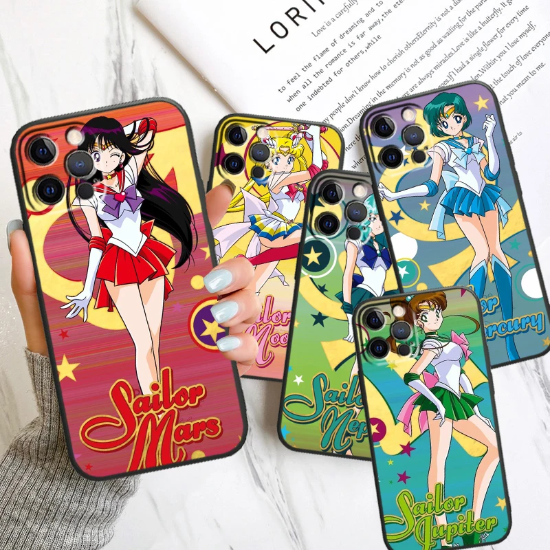 Cartoon Sailor Moon For Apple iPhone 14 13 12 11 X XS XR 8 7 6 Pro Plus Max Mini 5 SE Black Phone Case