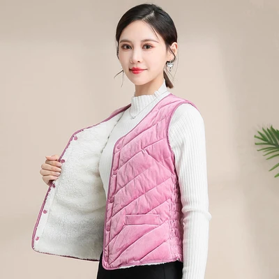 Ladies Lightweight Fce Vest Close-Fitting ort Sle Warm Inner Cotton Vest V-Ne Single Button Closure  Color