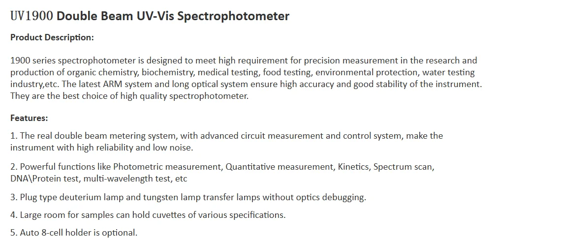 UV1900 Double Beam Spectrophotometer 2nm 190 nm-1100nm