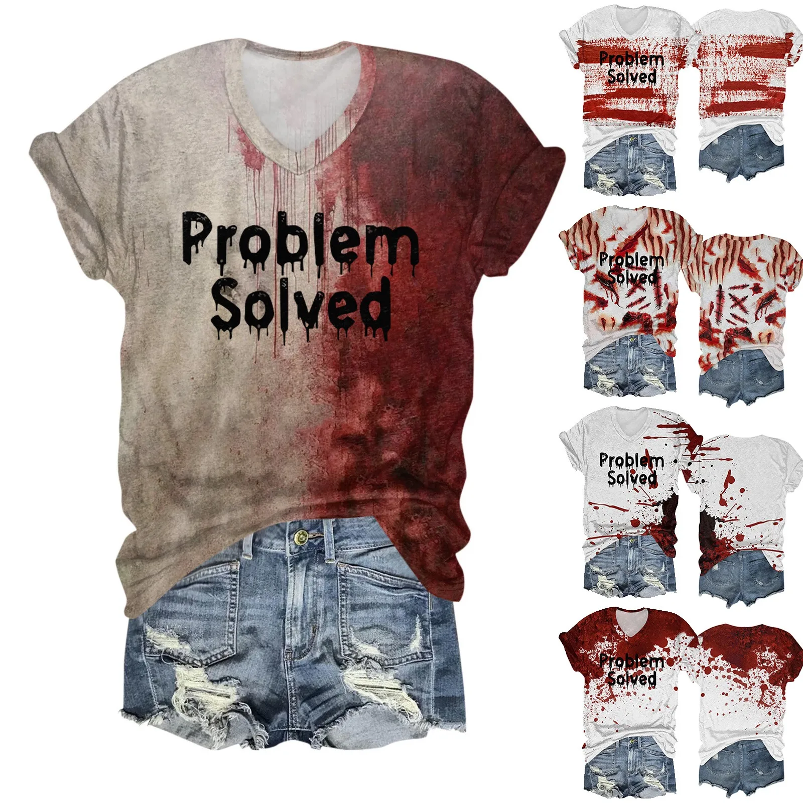 Haut décontracté à manches trois-quarts pour femme, impression de visage de fantôme de lettres d'Halloween, chemise confortable à col en V maigre, mode estivale