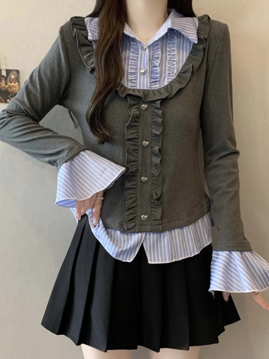 

Женская трикотажная кофта в полоску в стиле пэчворк для колледжа, весна-осень, большие размеры, с эффектом похудения, рукава-колокол, повседневная одежда