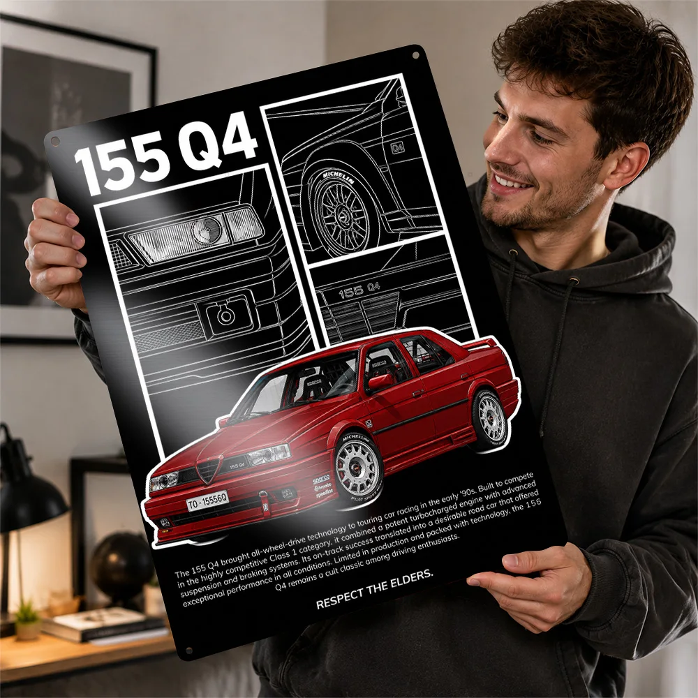 Italy 155 Q4 Red Sports Sedan Textured Poster Personalized Aluminum Metal Sign Track Culture Style Wall Art Perfect For Office