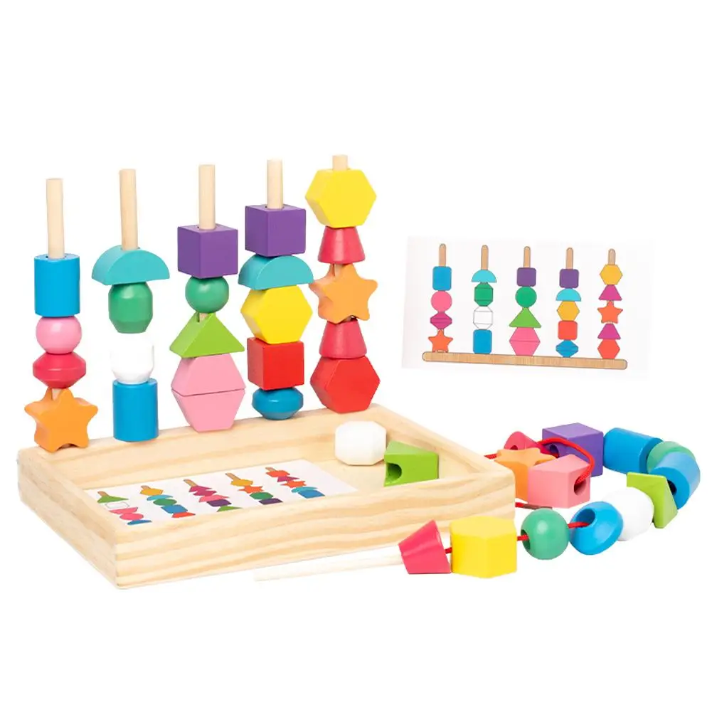 Kids Montessori Wooden Beads Sequencing Toy Color Shape Toys Puzzle Early Matching Game Educational Color Cognition T8W6