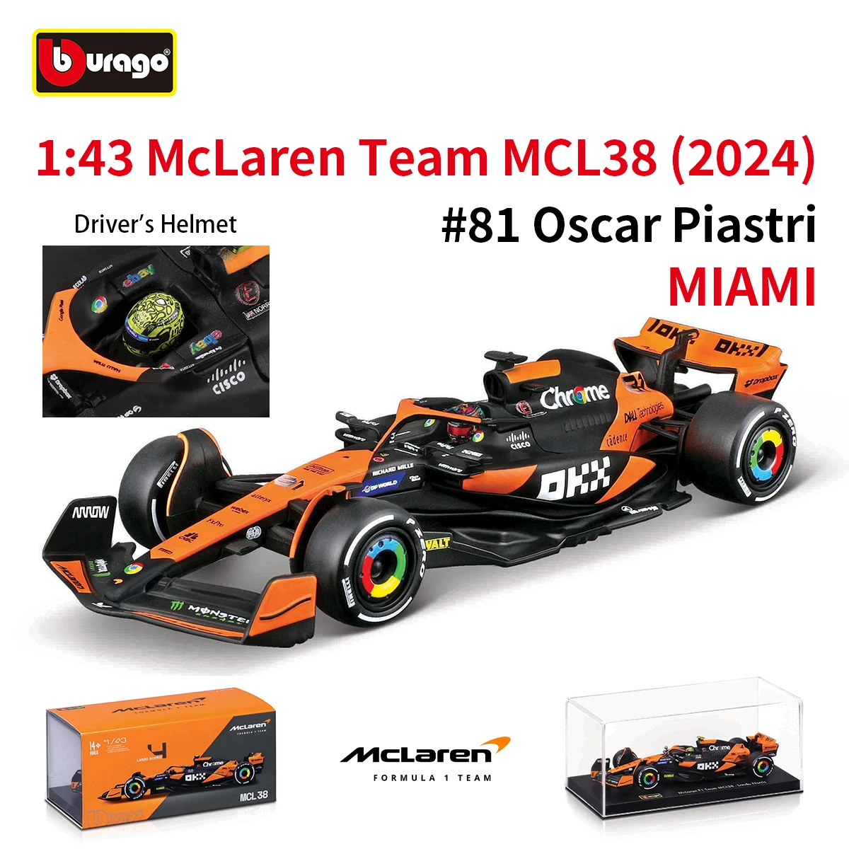 Bburago 1:43 McLaren 2024 MCL38 Monaco Miami GP F1 Formula Racing Car Static Simulation Diecast Alloy Model Car Acrylic Box