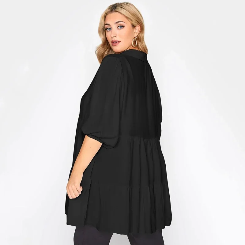 Plus Size Button Down Elegant Spring Autumn Tunic Tops Women 3/4 Sleeve V-neck Smock Blouse Tops Black Loose Tiered T Shirt 6XL