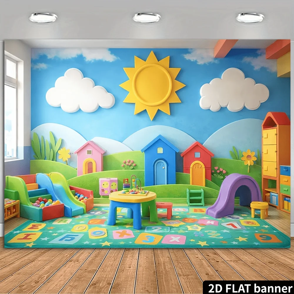 Colorful Cartoon Village Tapestry, Sunny Sky & Clouds Wall Hanging, Playful Kids Room Decor for Nursery Bedroom Home