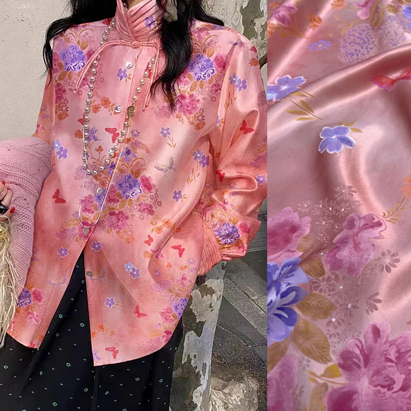 Jacquard Silk Fabric -140CM Wide-26MM-Perfect for Summer Shirt Dress Cheongsam Floral Butterfly Print on PinkSilk Fabric D1463