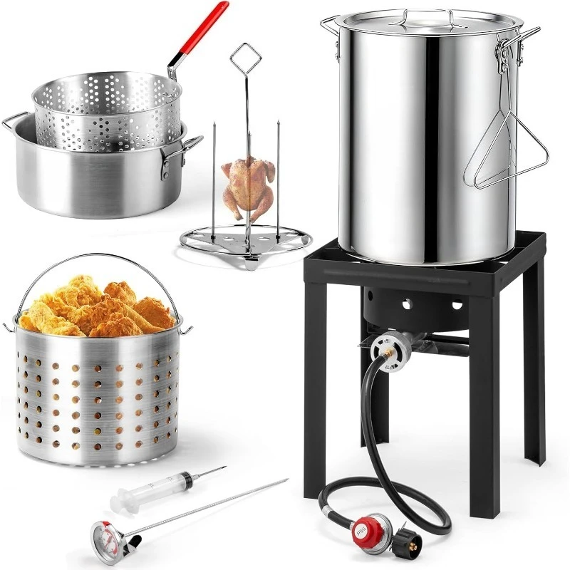 

30QT Turkey Fryer & 10QT Fish Fryer Kit w/ 55,000BTU Propane Stove, Aluminum Outdoor Deep Fryer & Seafood Boiler