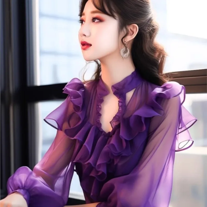 Ruffled Long Sleeve Collar Chiffon Shirt Lantern Purple Top Lightly Mature Vintage Silk Small