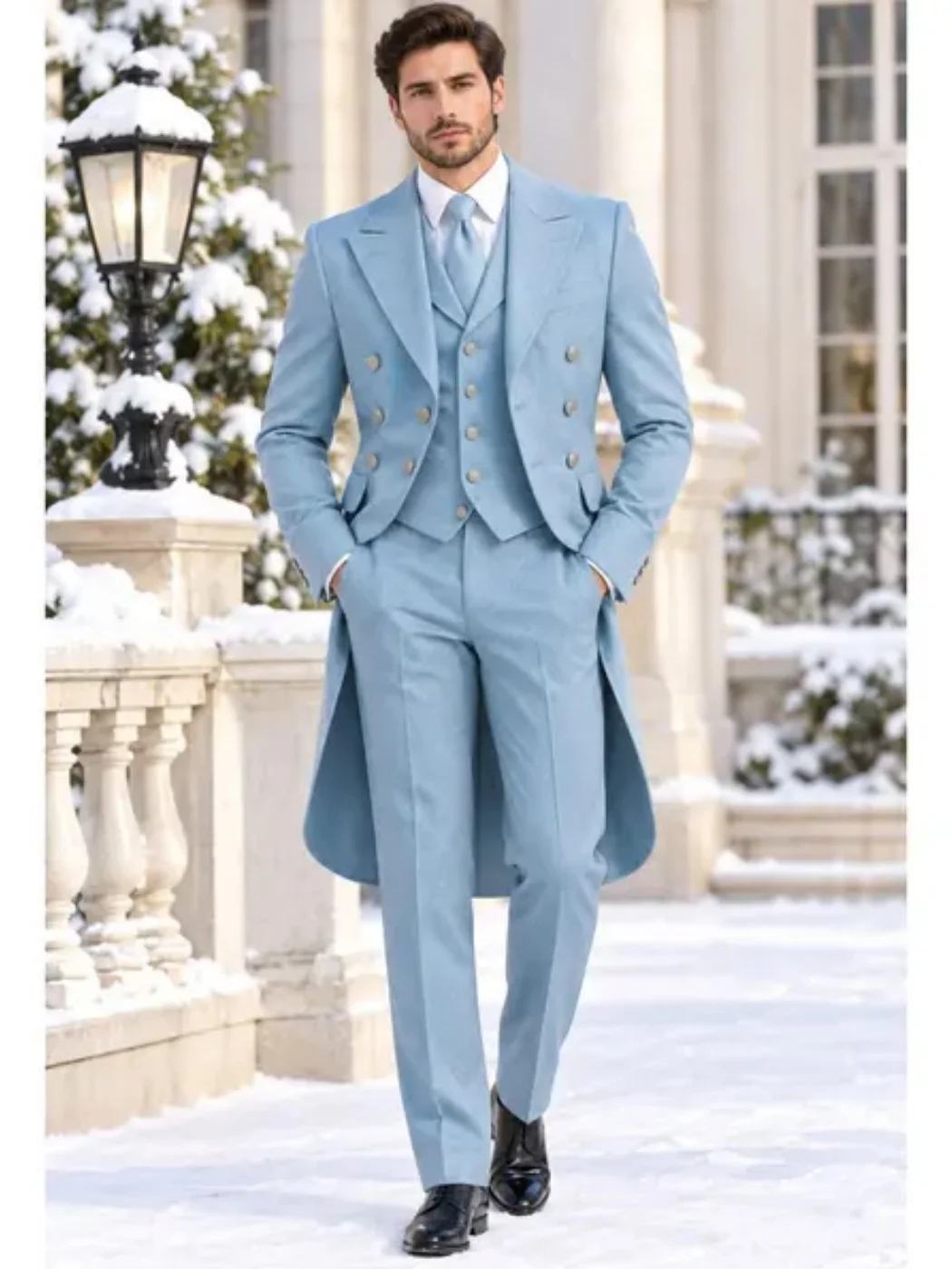Light Blue Men 3 Pieces Wedding Tailcoat Suit Peak Lapel Double Breasted Long Tail Tuxedo Groom Formal Suit for Prom Customized