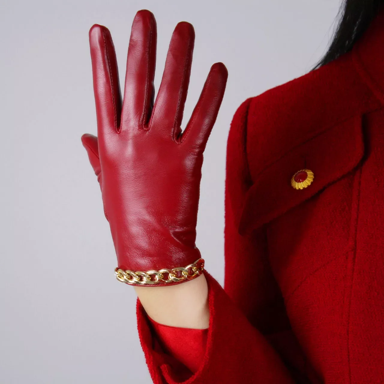 

Women's Real Leather Gloves TECH Golden Chain Red Short Genuine Sheepskin Christmas Cosplay Fashion Evening Motor Driving Glove