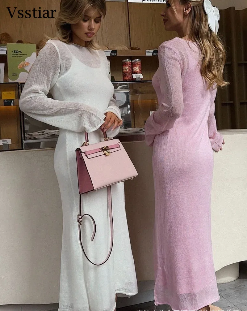 Vsstiar O คอยาวแขนยาว Maxi ชุดสตรีเซ็กซี่ดูผ่านถัก Casual Smock ชุดแฟชั่นวันหยุด Beachwear ชุด