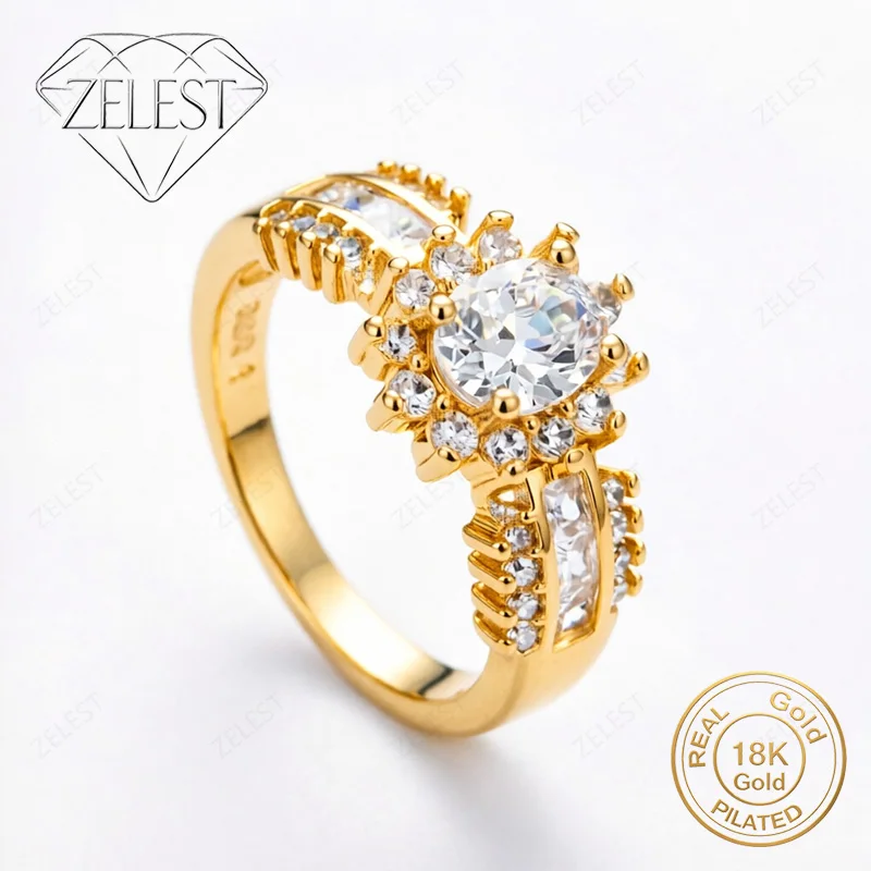 

925 Sterling Silver 18K Gold Plated Exquisite Sunflower Zirconia Ring for Women, Fashion Party Gift Accessories Jewelry