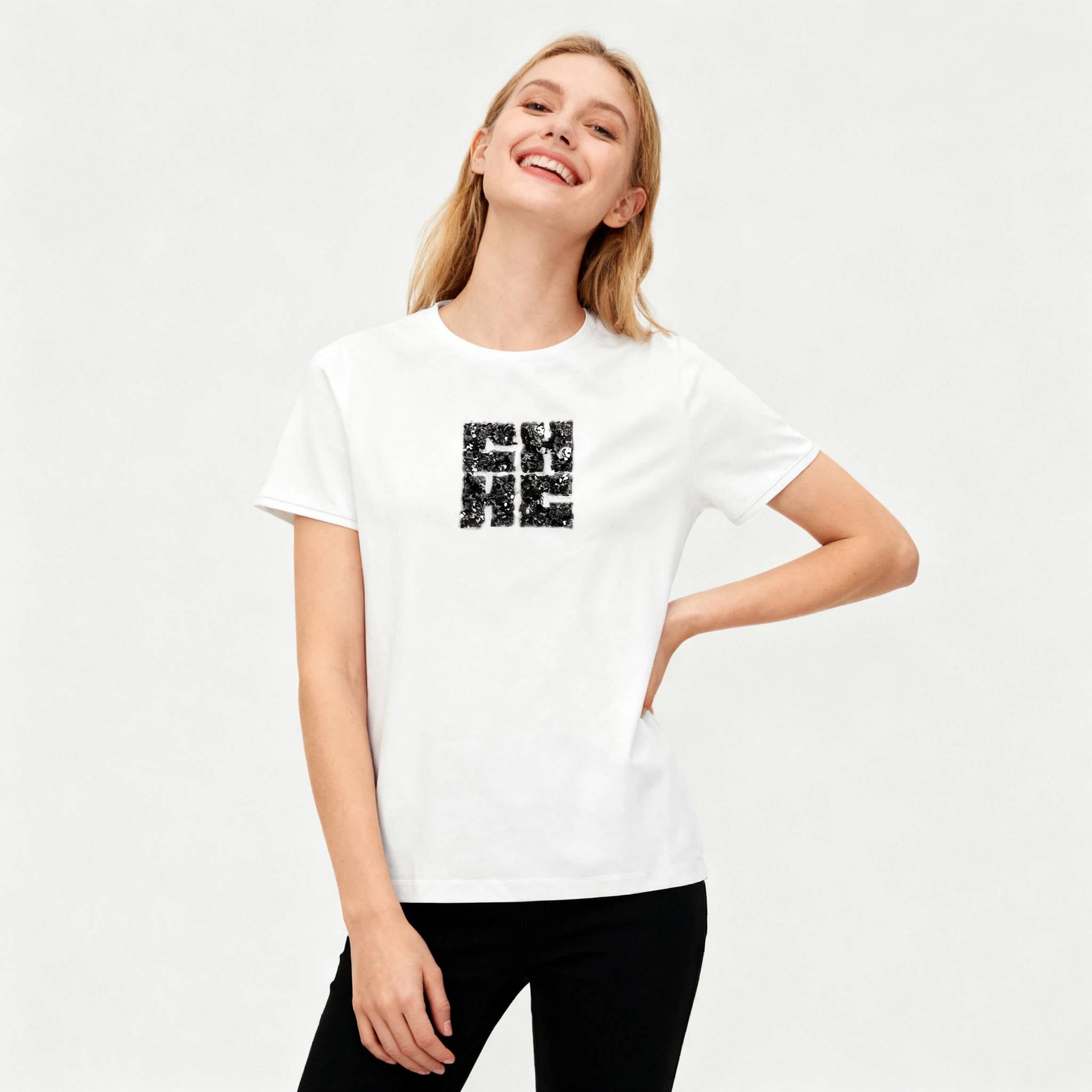 CHCH المرأة قصيرة الأكمام لؤلؤة التطريز تصميم عصري كلاسيكي أنثى قصيرة الأكمام مريحة عارضة السيدات قصيرة الأكمام