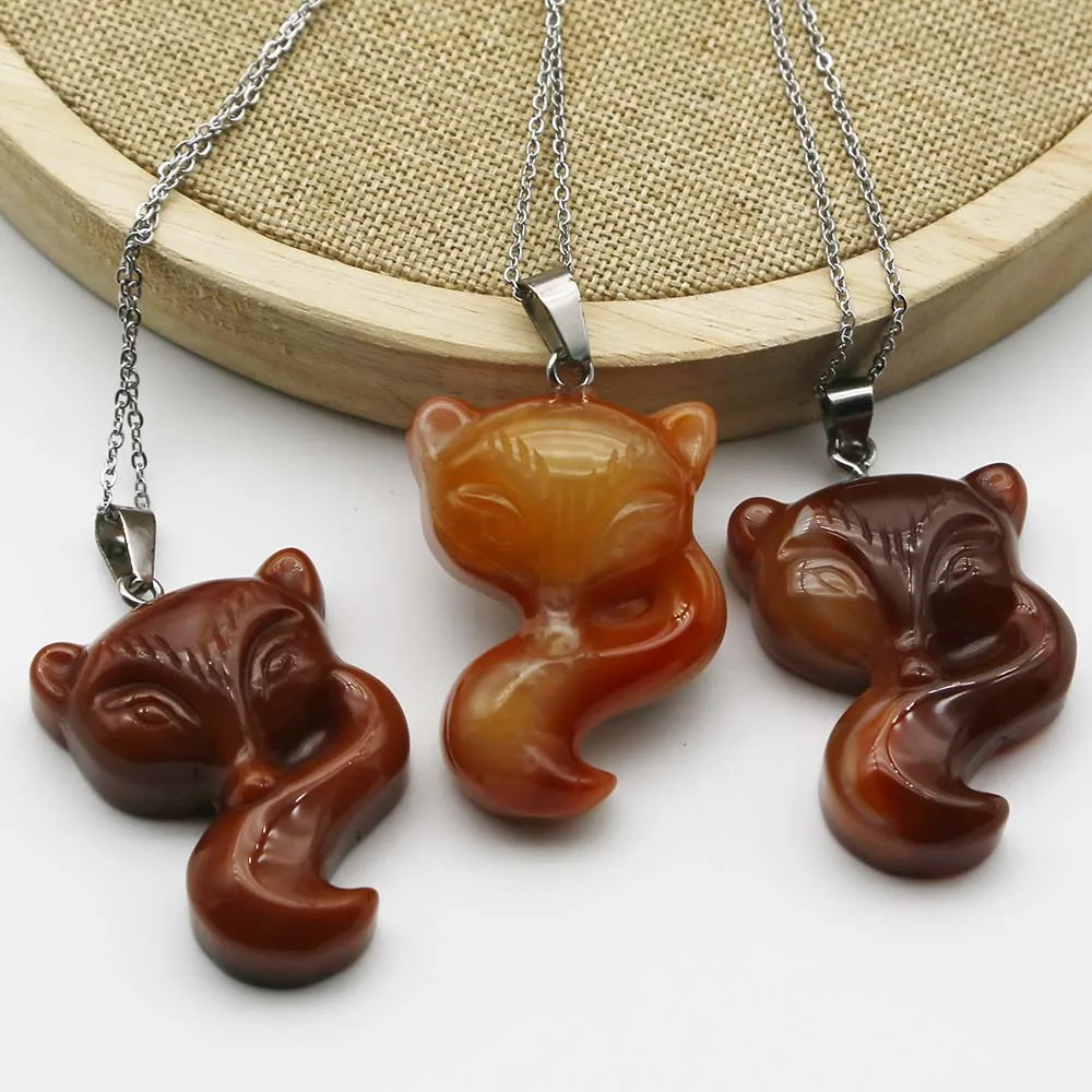 

New Natural Red Agate Carved Fox Necklace Pendants Stainless Steel Chain Reiki Charms Fashion Jewelry Accessories Gift Wholesale