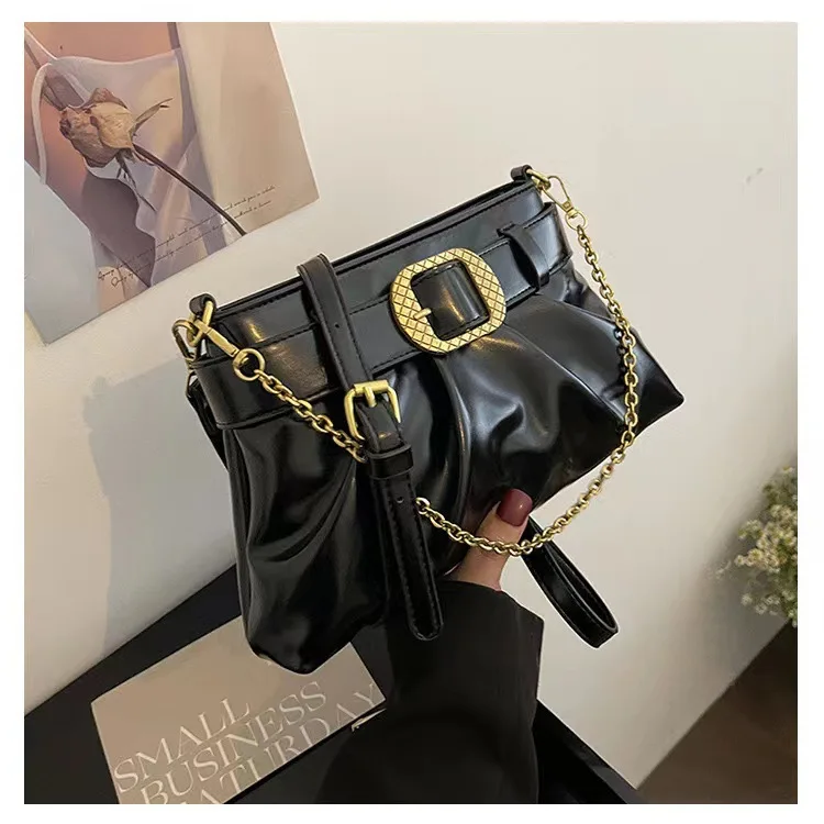 

2025 Trendy Belt-Buckle Handbag - Wrinkle-Texture Shoulder Bag with Metal Accent, Chic Top Handle Purse for Women