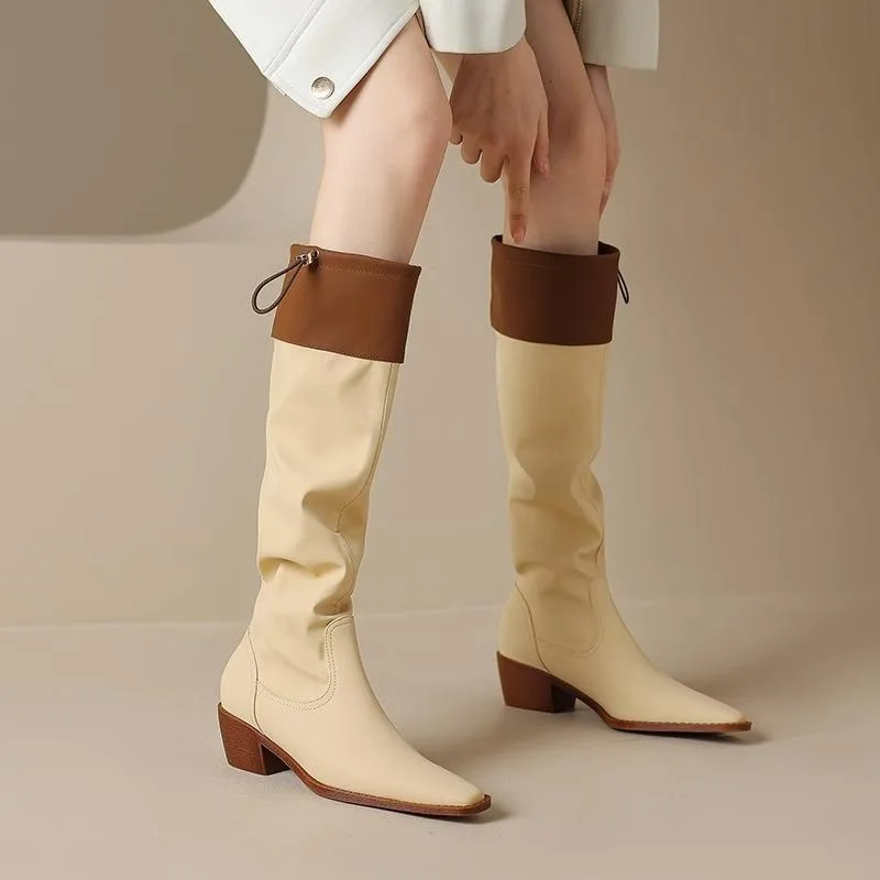 

Fashionable High Quality Mid-tube Boots for Women's Color Blocking Pointed Design Womens Leather Platform Boots Botas Para Mujer