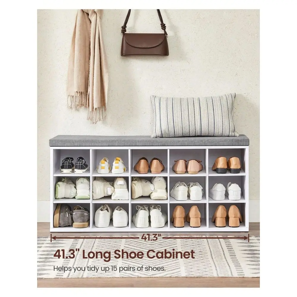 

Shoe Bench With Cushion, Storage Bench With Padded Seat, Entryway Bench With 15 Compartments, Adjustable Shelves, For Bedroom,