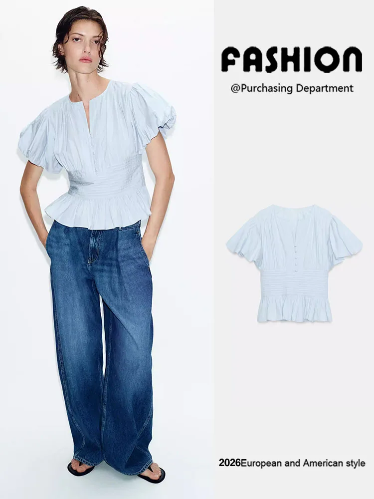 

Летняя новинка: женская блузка с круглым вырезом, V-образным вырезом, пышными короткими рукавами, элегантная, качественная, универсальная, с короткими рукавами-фонариками.