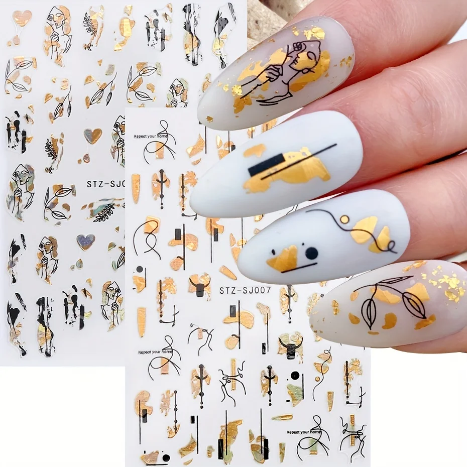 1PC Abstract Geometry Stickers for Nail 3D Laser Golden Black Leaves Heart Line Adhesive Sliders Decor Holographic Decal