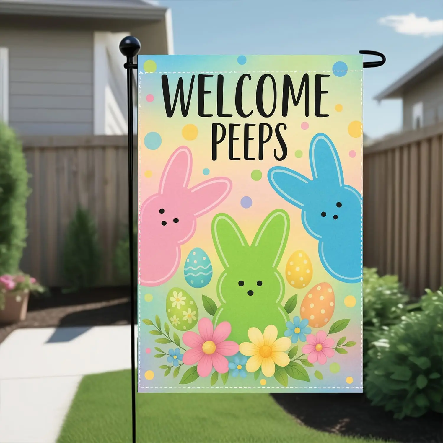 Welcome Peeps Easter Bunny Garden Flag 12x18 Inch Double Sided - Cute Spring Bunny Ears Eggs Yard Flags Outside, Heavy Duty  ZZM