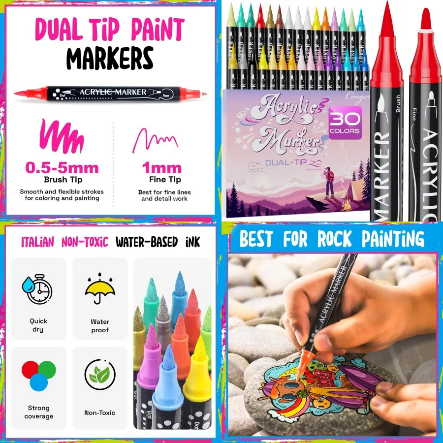 

30-цветные акриловые маркеры с двумя наконечниками, тонким наконечником и наконечником кисти для наскальной живописи, холста, стекла, керамики, ткани, пластика