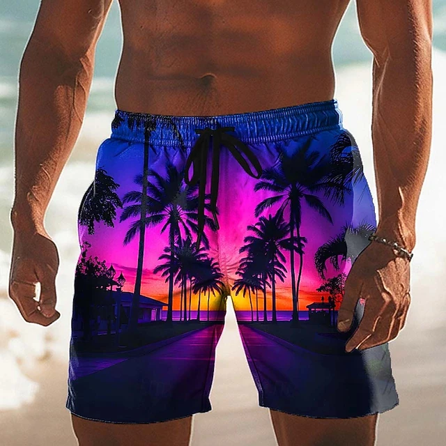 Colorful Gradient Sunset Beach Shorts Men 3D Tropical Palm Tree Print Quick Dry Swim Trunks Casual Streetwear For Beach Party