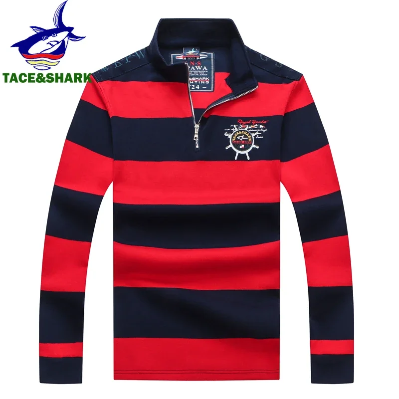 TACE&SHARK Brand Shark Wide Stripes Embroidery Red Long Sleeve Polo Tops Casual Fashion Men Slim Polo Casual Business Clothes